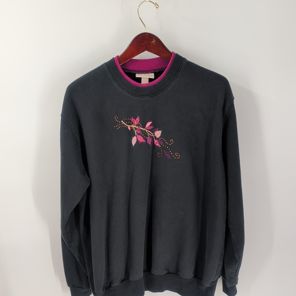 VTG‎ 90s Top Stitch By Morning Sun Floral Embroidered Sweatshirt Black Size XL